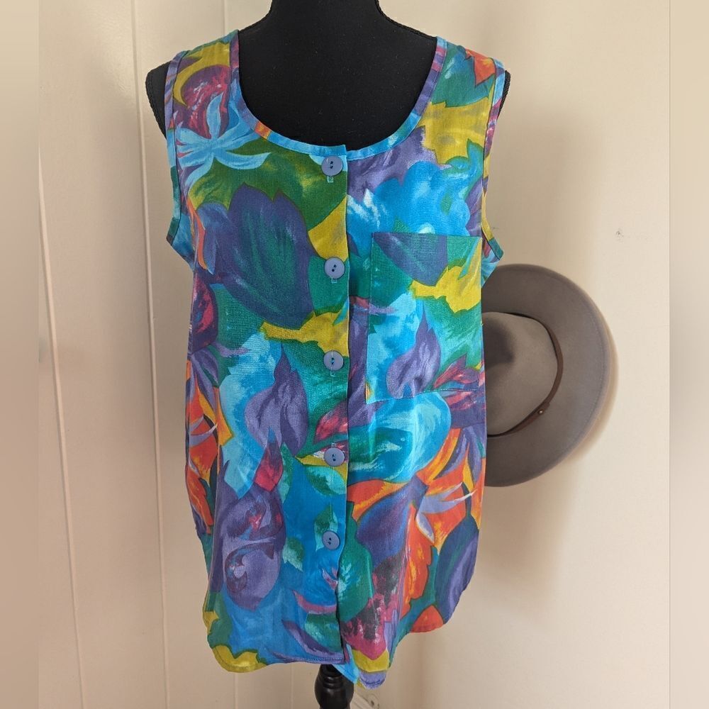 VTG Michelle Leslie Floral Coastal Resort Beach Tropical 70s 80s Top MD